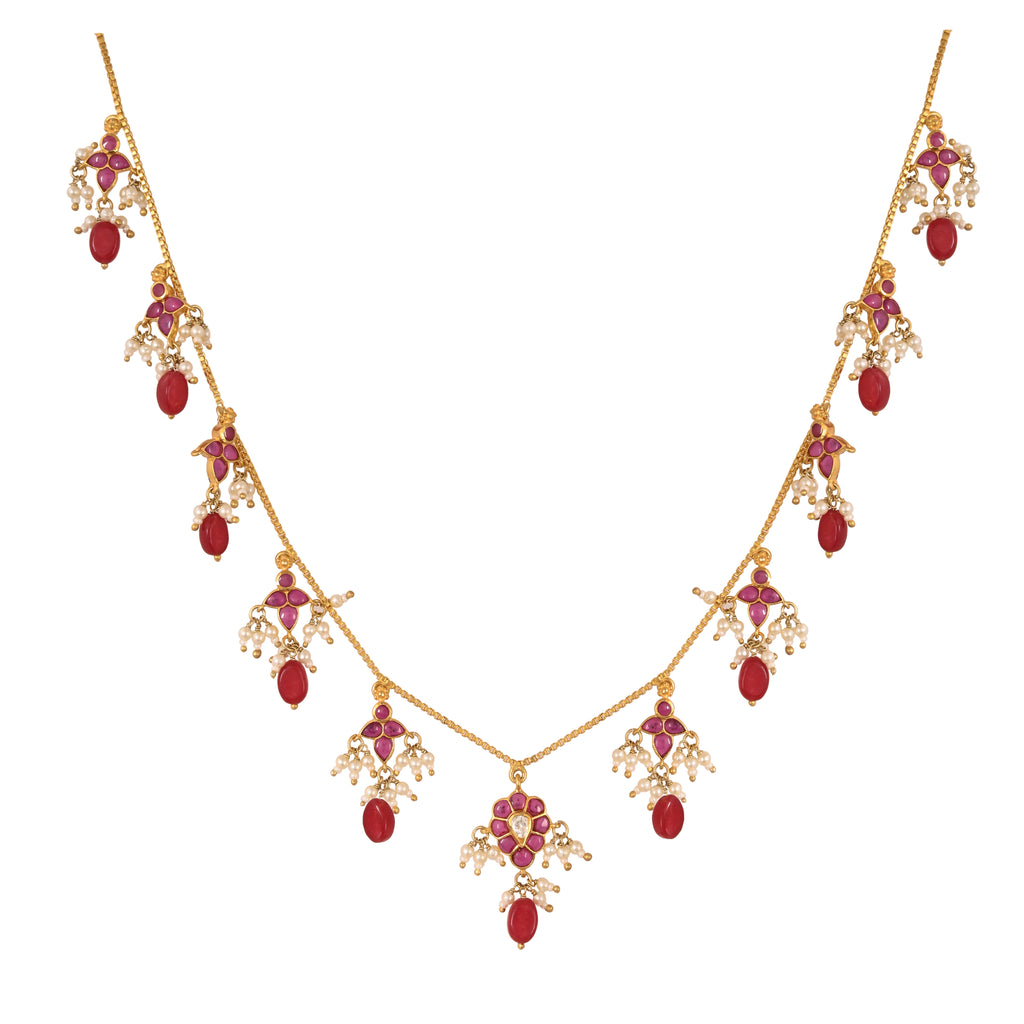Gulnaar Ruby Bloom Silver Chain Necklace Set