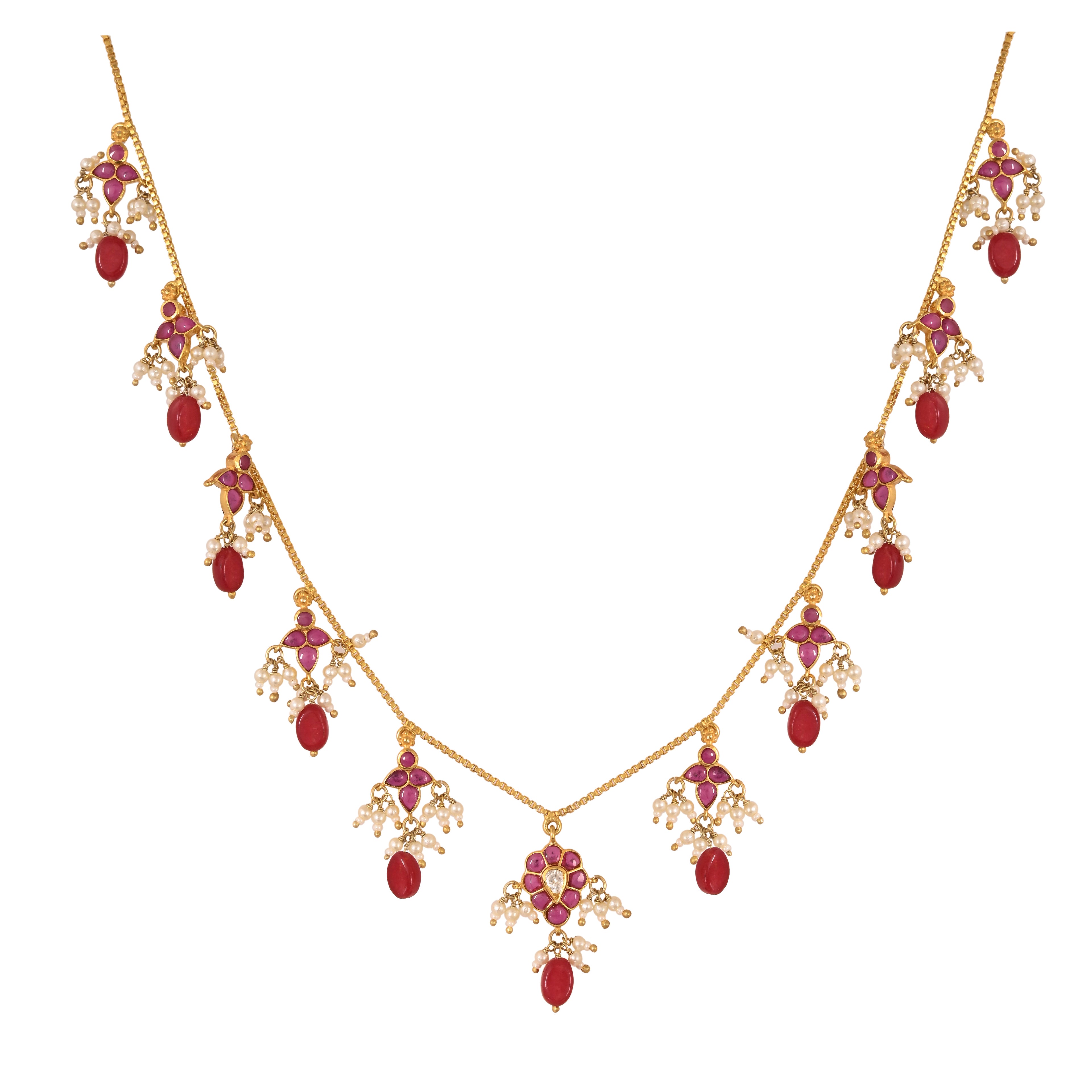 Gulnaar Ruby Bloom Silver Chain Necklace Set