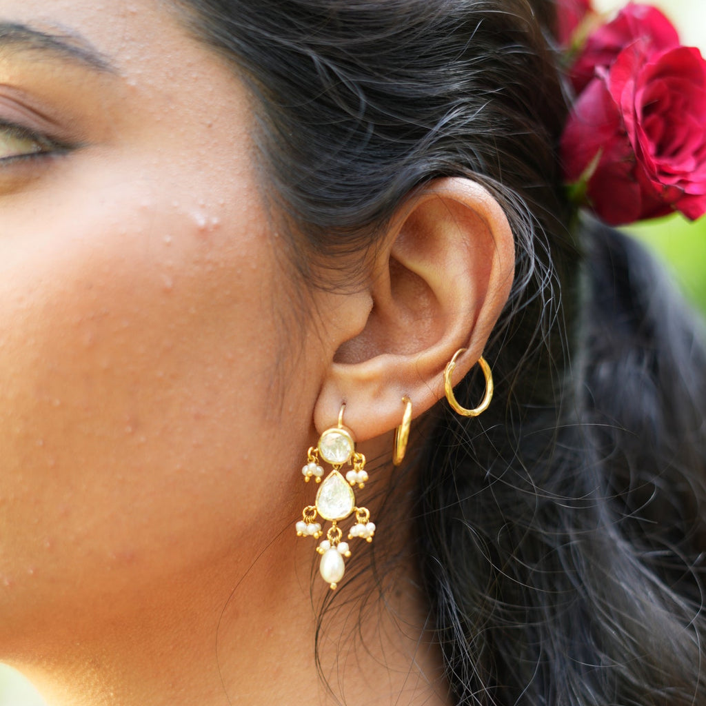 Raindrop Polki & Pearl Silver Earrings