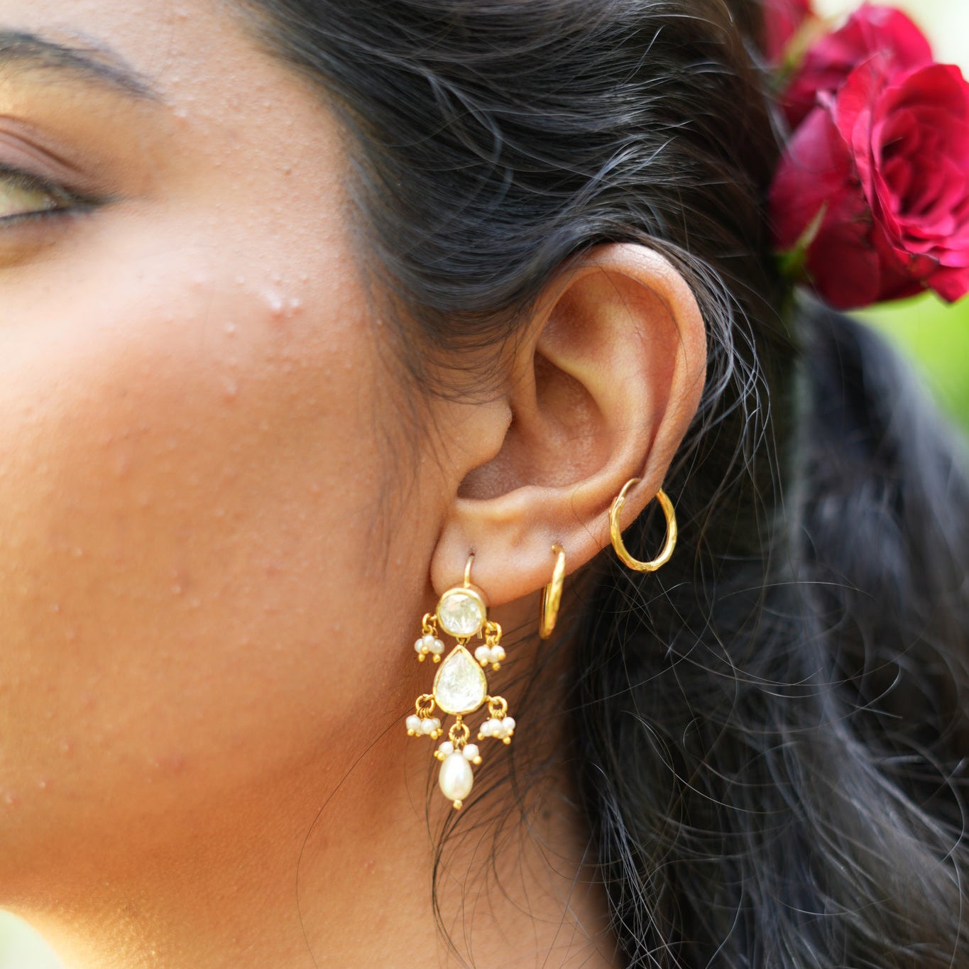 Raindrop Polki & Pearl Silver Earrings