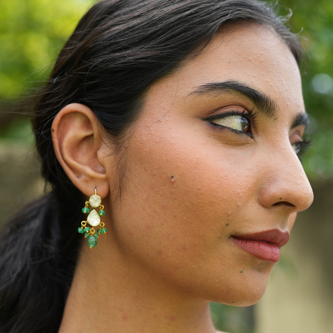 Raindrop Polki & Emerald Silver Earrings