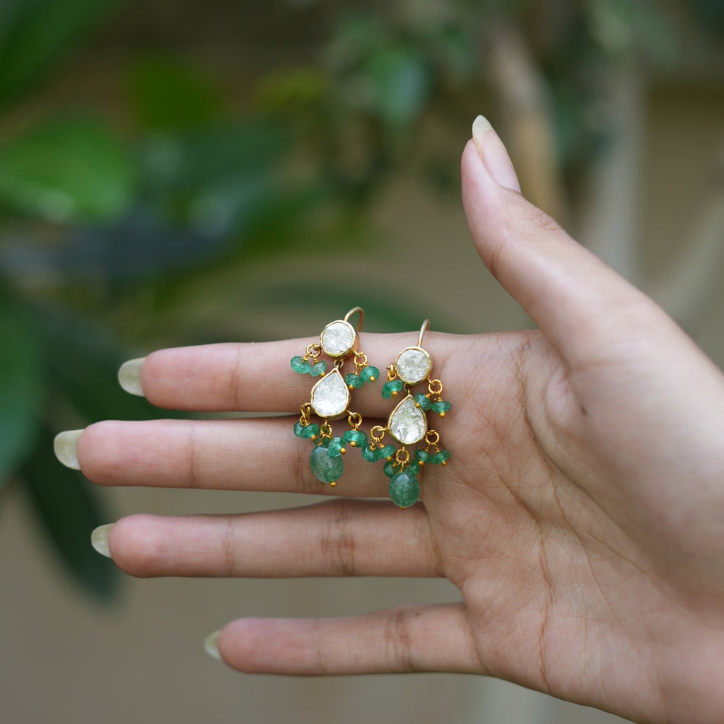Raindrop Polki & Emerald Silver Earrings