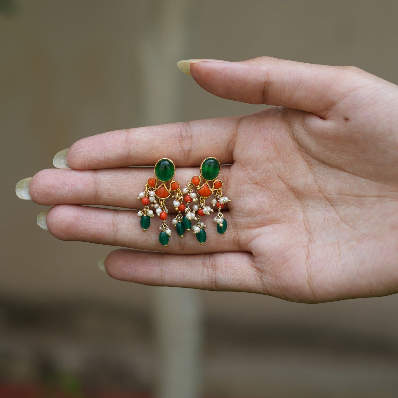 Emerald, Coral & Pearl Silver Earrings