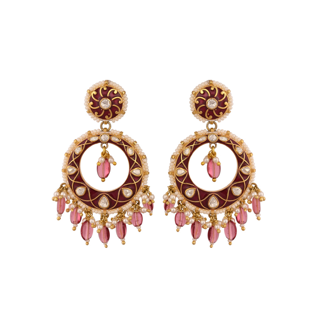 Red Meenakari & Polki Chandbali Earrings with Pearls