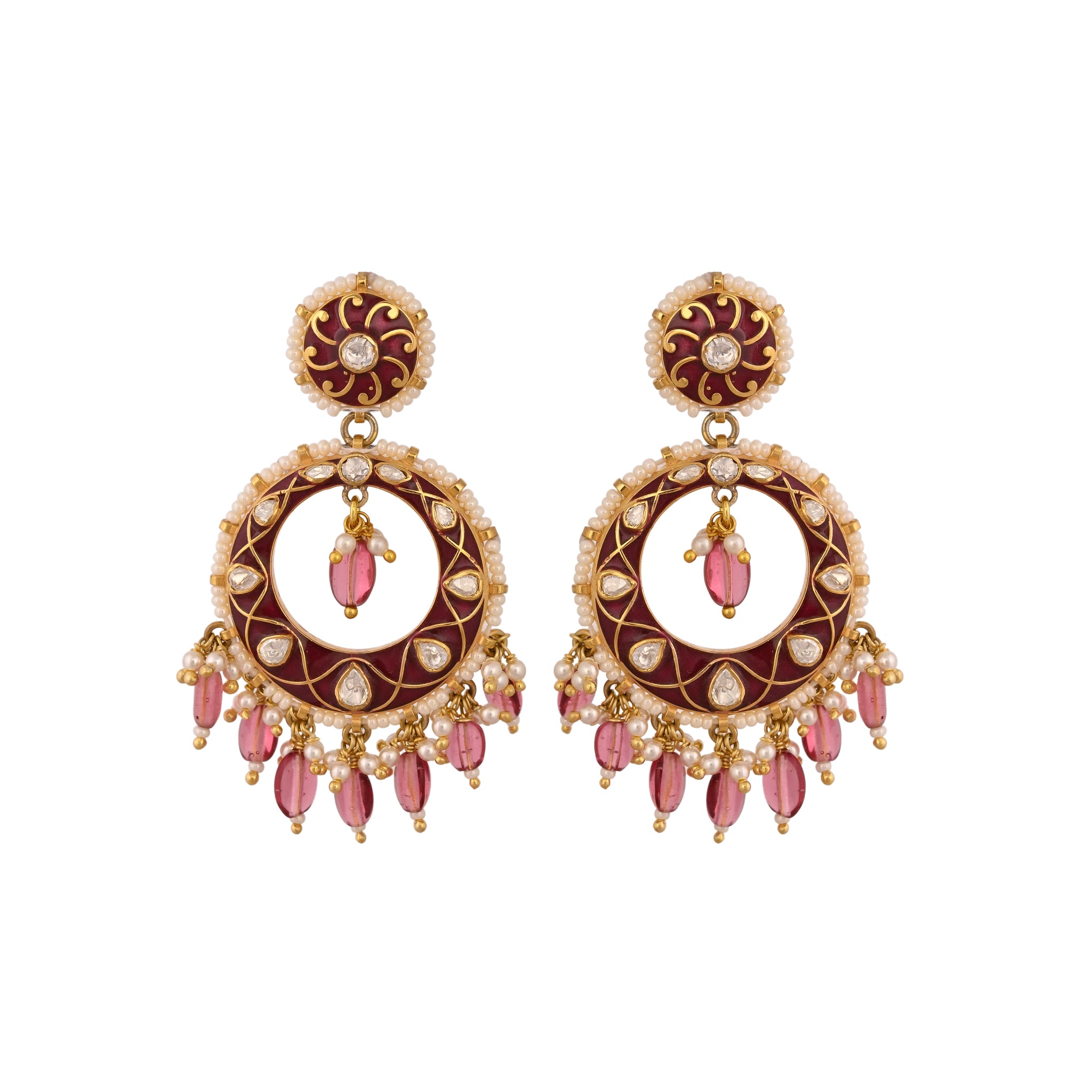 Red Meenakari & Polki Chandbali Earrings with Pearls