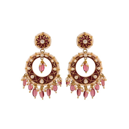 Red Meenakari & Polki Chandbali Earrings with Pearls