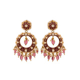 Red Meenakari & Polki Chandbali Earrings with Pearls