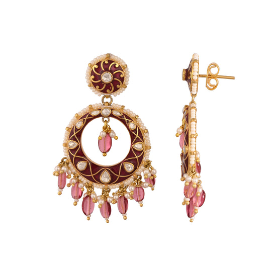 Red Meenakari & Polki Chandbali Earrings with Pearls