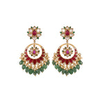 Red & Green Lotus Polki Chandbali Earrings with Pearls