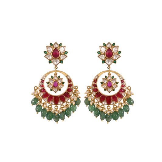 Red & Green Lotus Polki Chandbali Earrings with Pearls