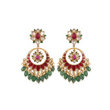 Red & Green Lotus Polki Chandbali Earrings with Pearls