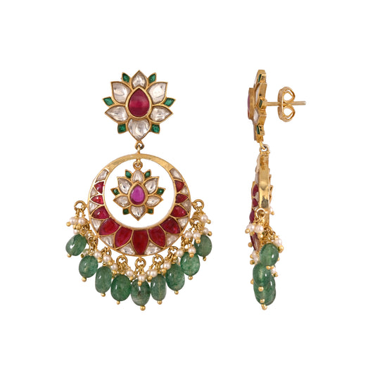 Red & Green Lotus Polki Chandbali Earrings with Pearls