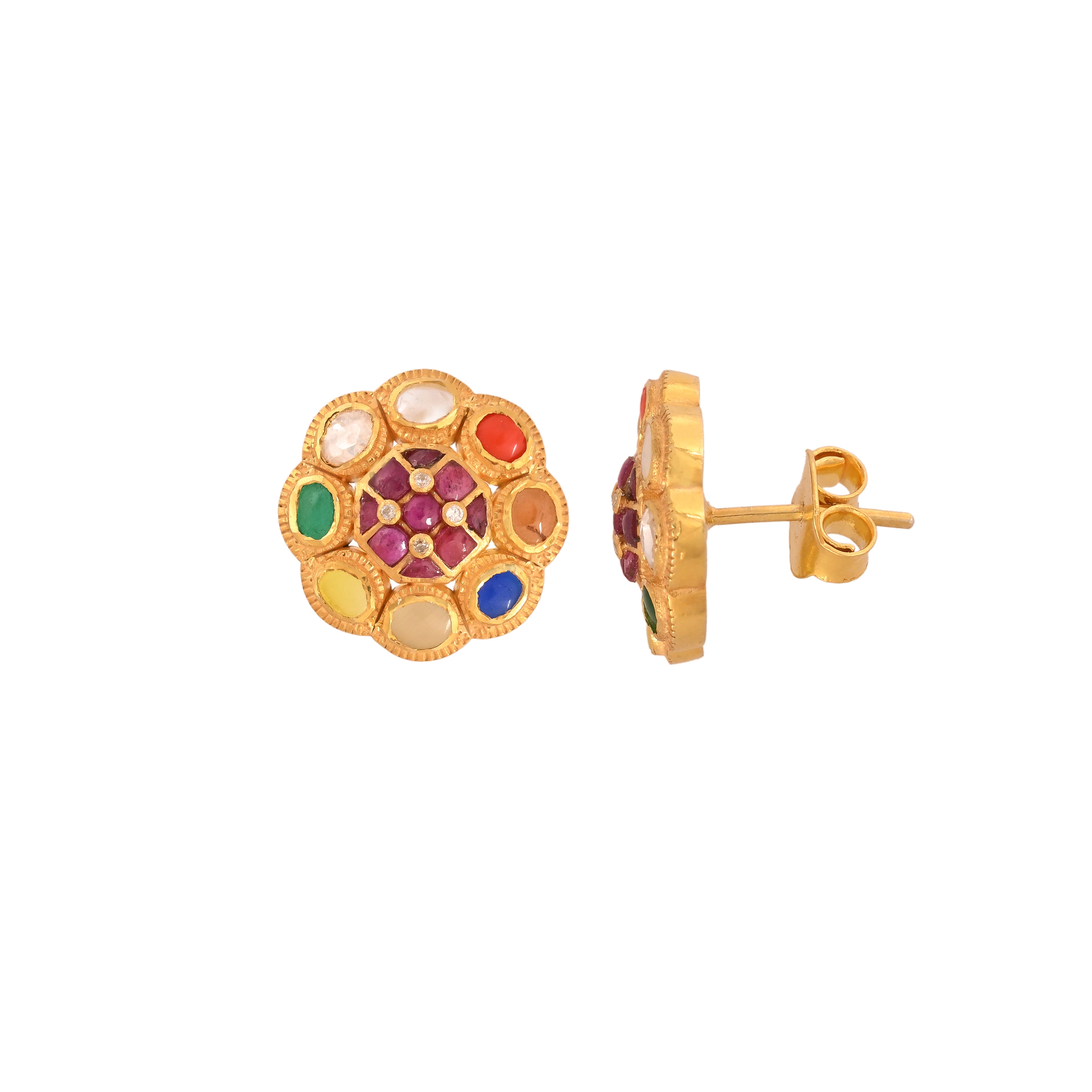 Navratna Round Silver Earrings