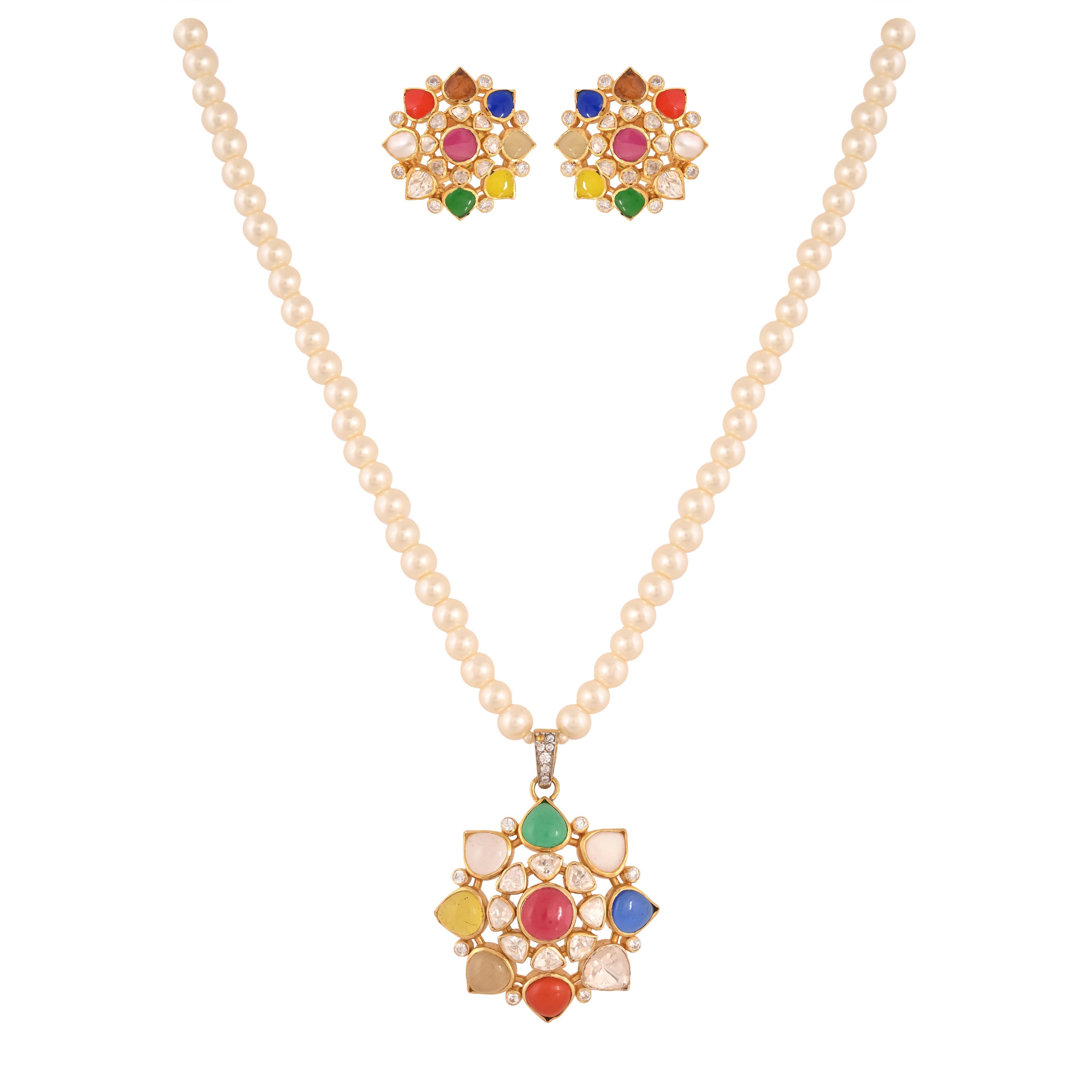 Navratna Polki Round Silver Necklace Set