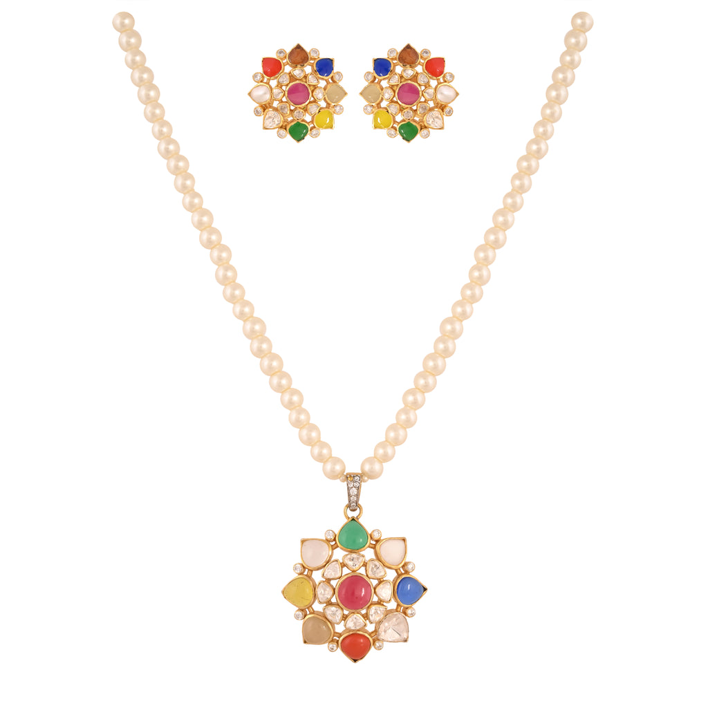 Navratna Polki Round Silver Necklace Set