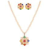Navratna Polki Round Silver Necklace Set