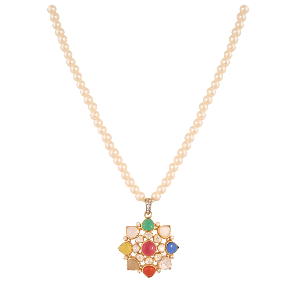 Navratna Polki Round Silver Necklace