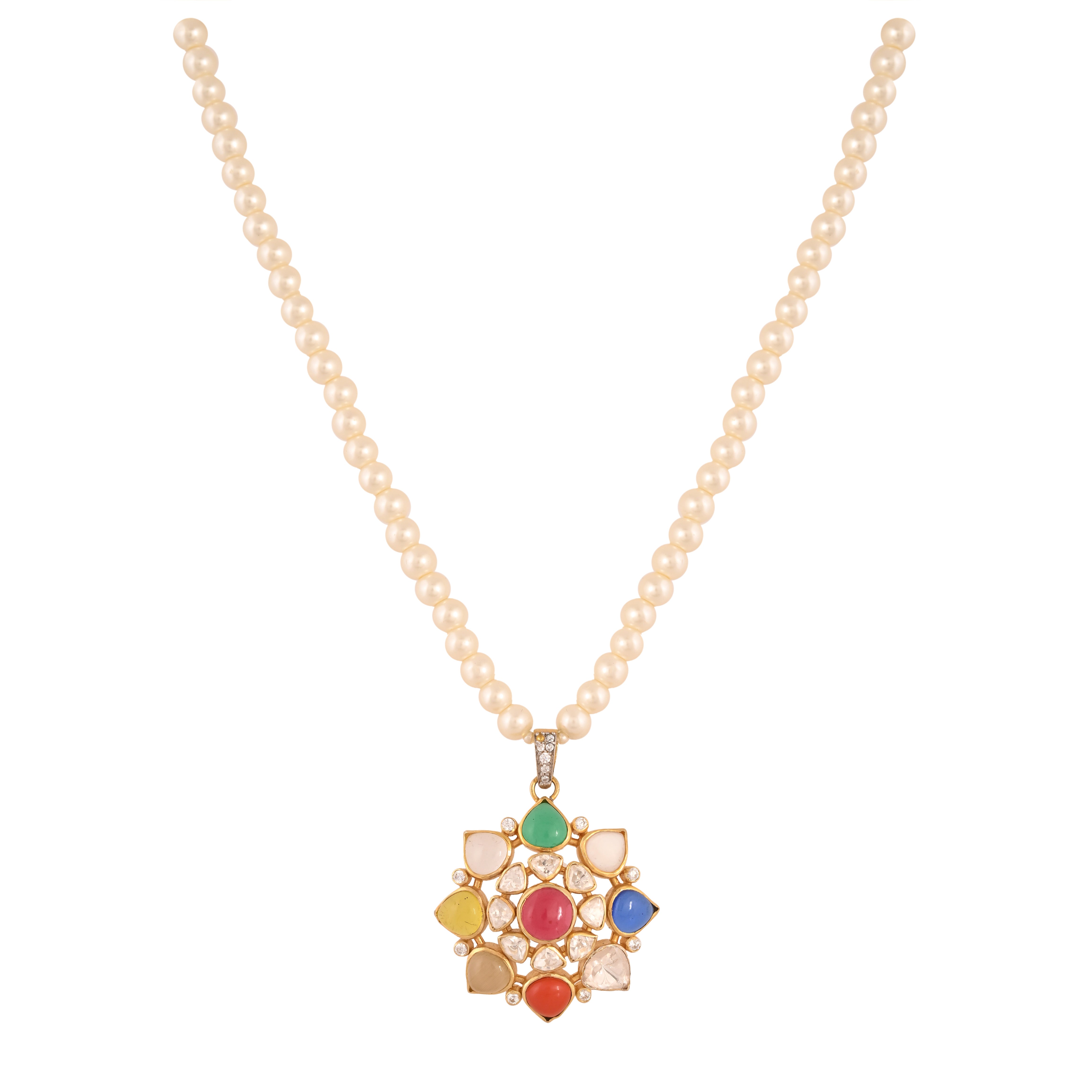Navratna Polki Round Silver Necklace Set