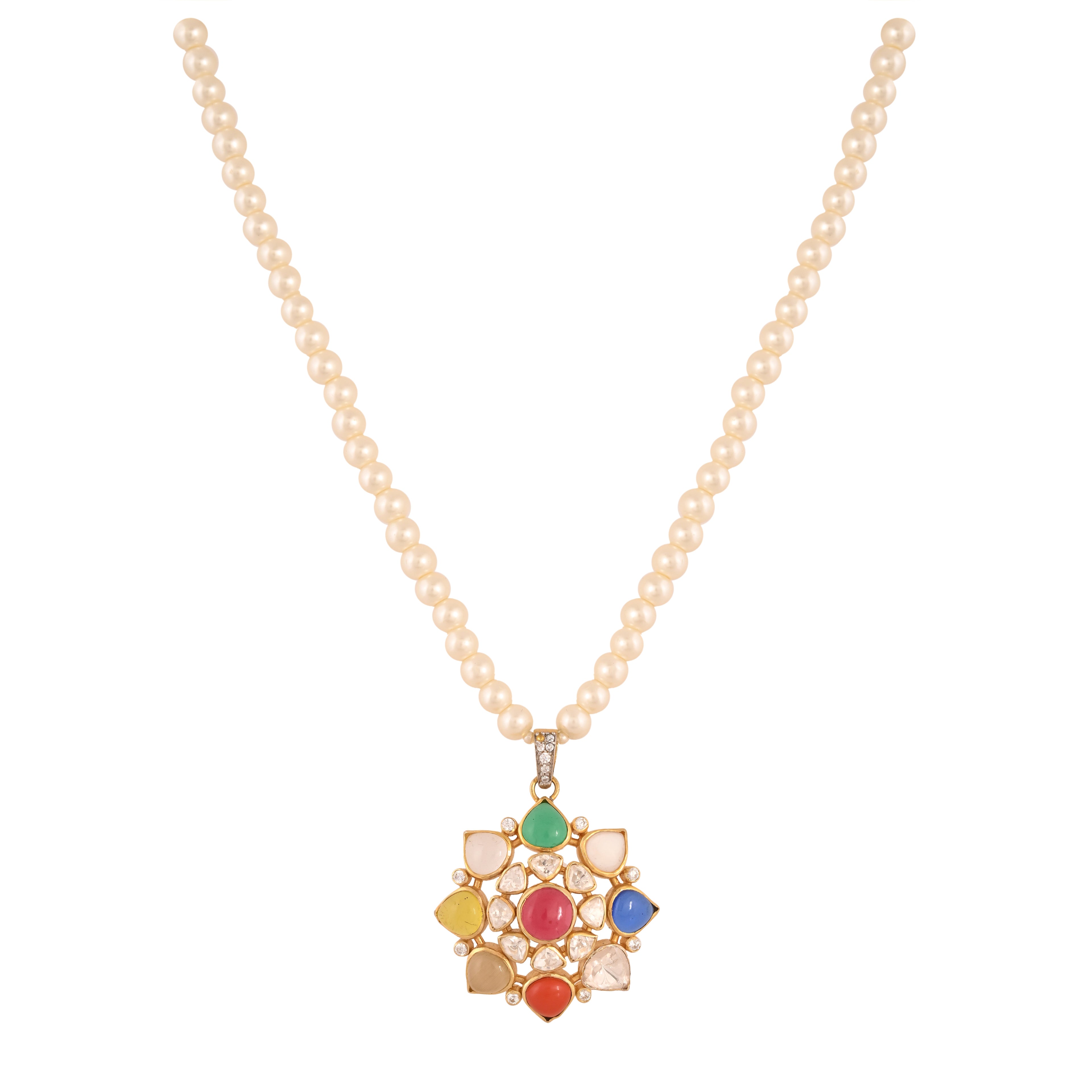 Navratna Polki Round Silver Necklace Set