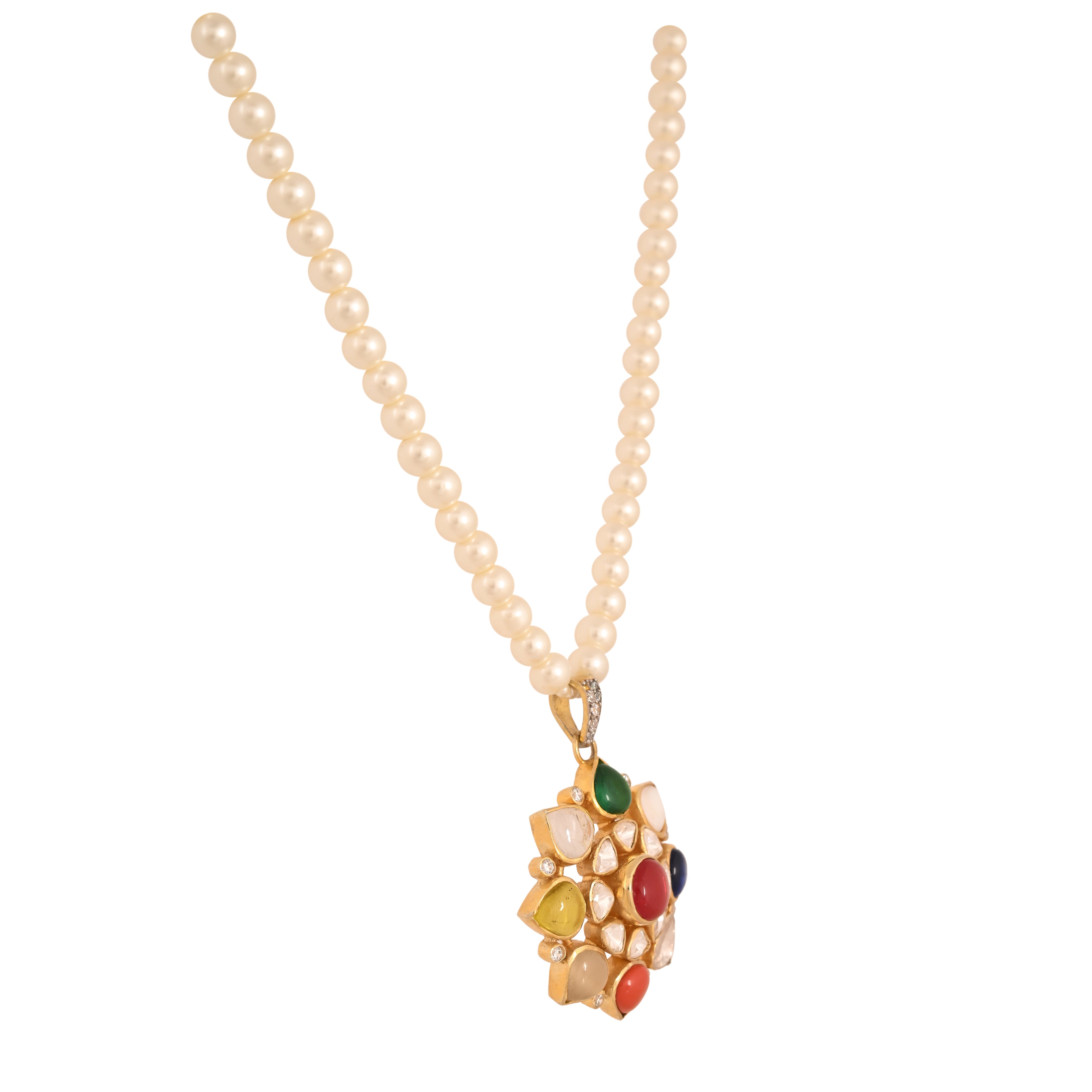 Navratna Polki Round Silver Necklace Set