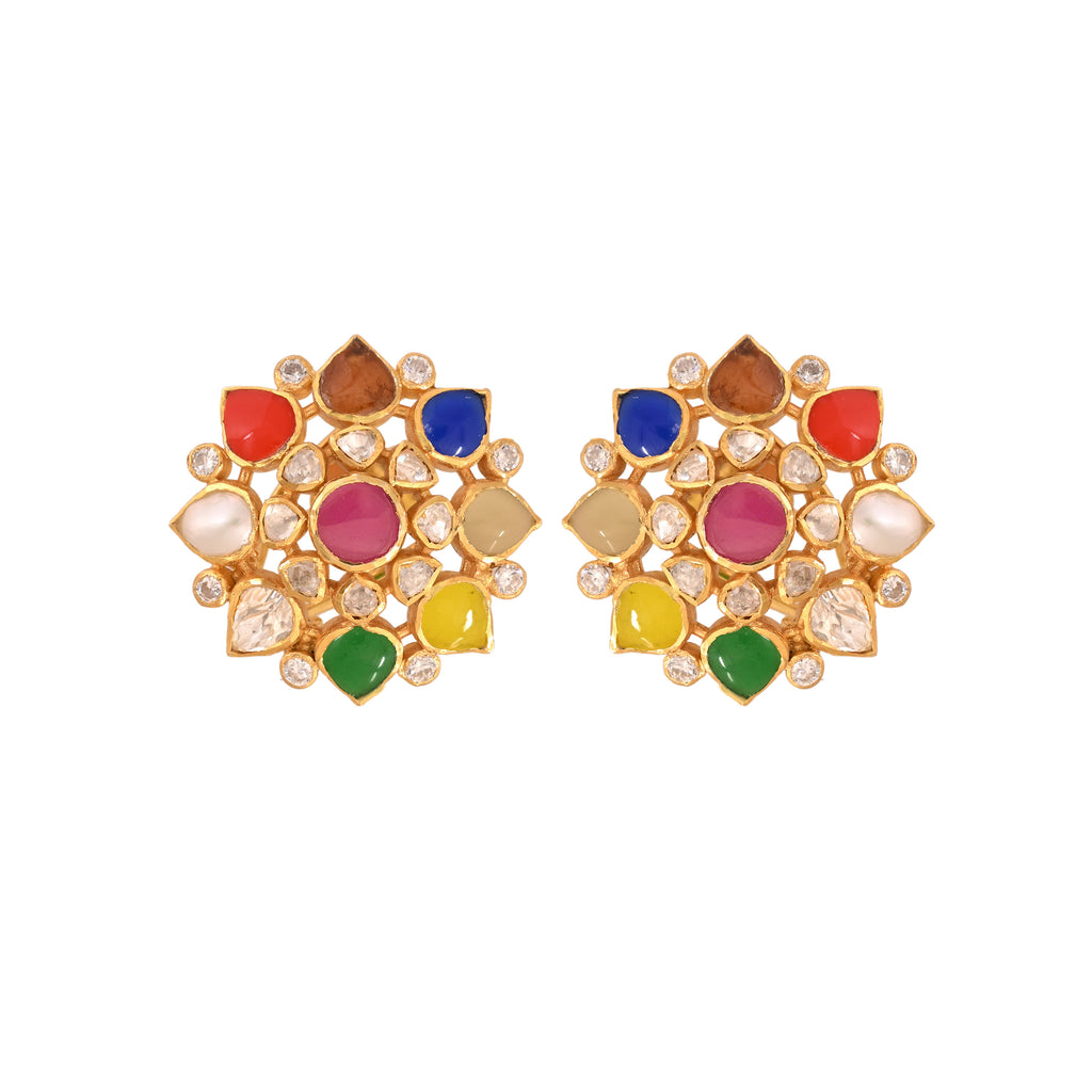 Navratna Polki Round Silver Earrings