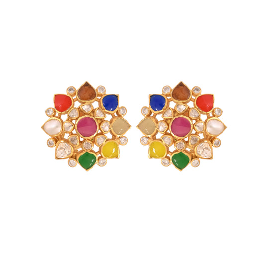 Navratna Polki Round Silver Earrings
