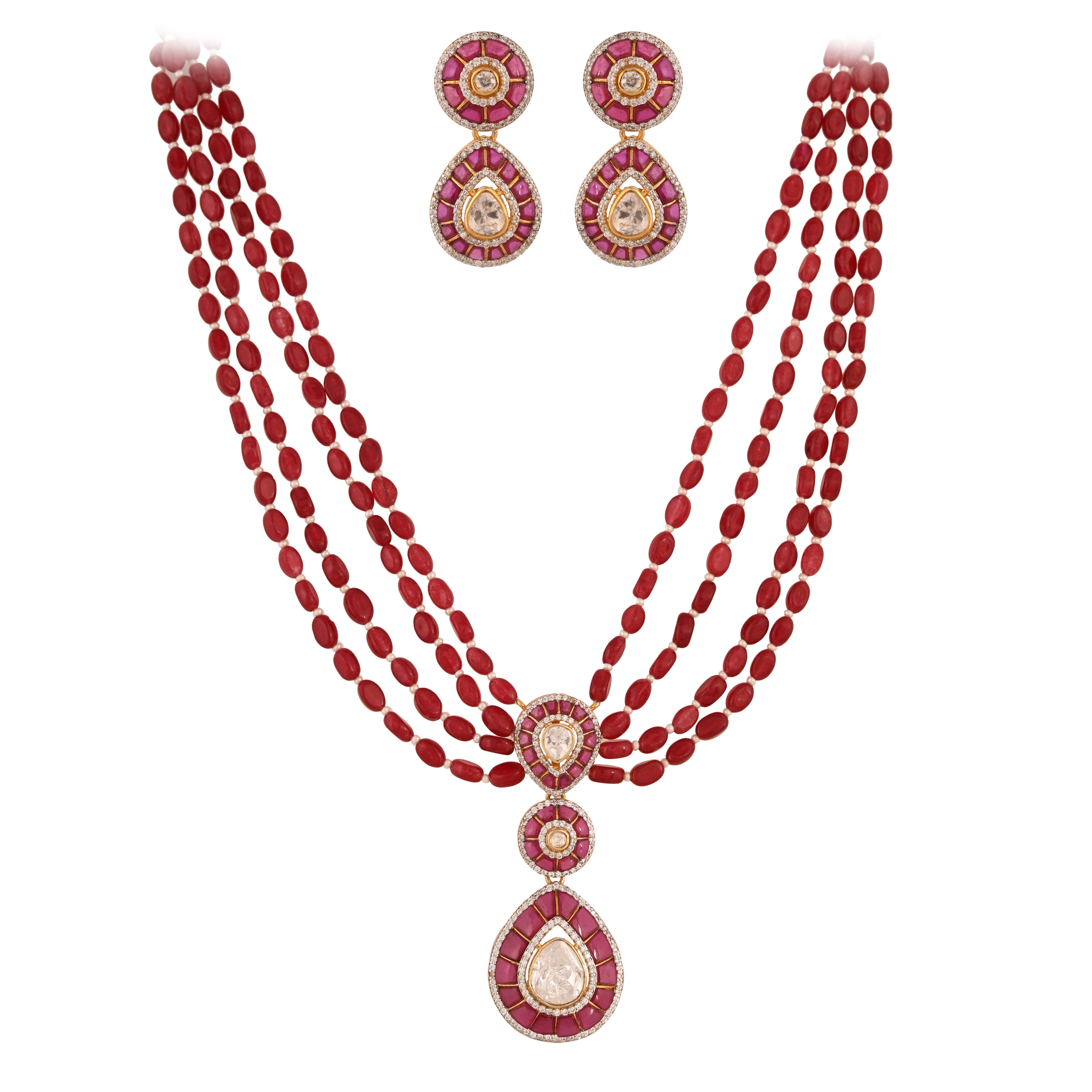 Emerald & Polki Layered Silver Necklace Set (4 Strings)