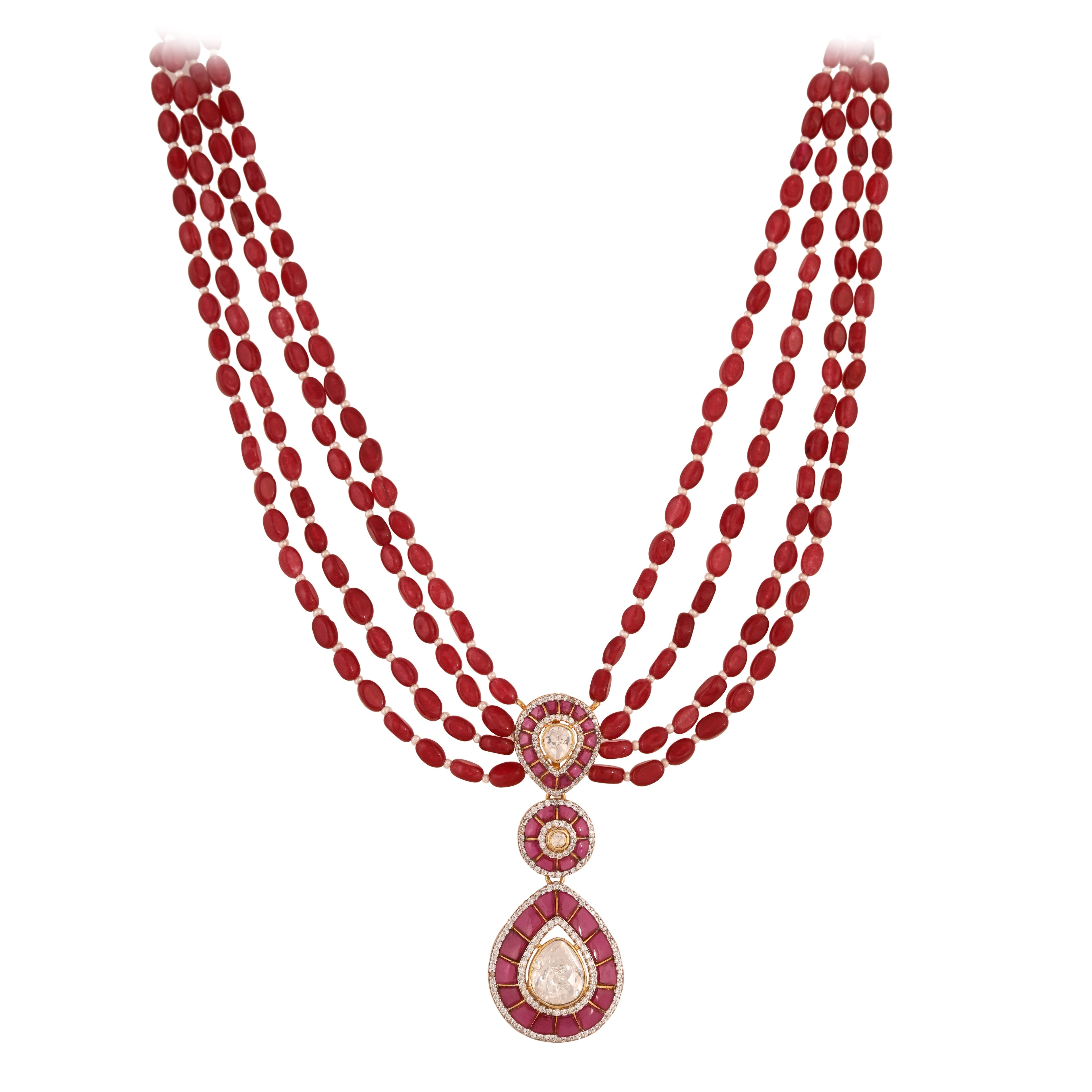 Emerald & Polki Layered Silver Necklace (4 Strings)