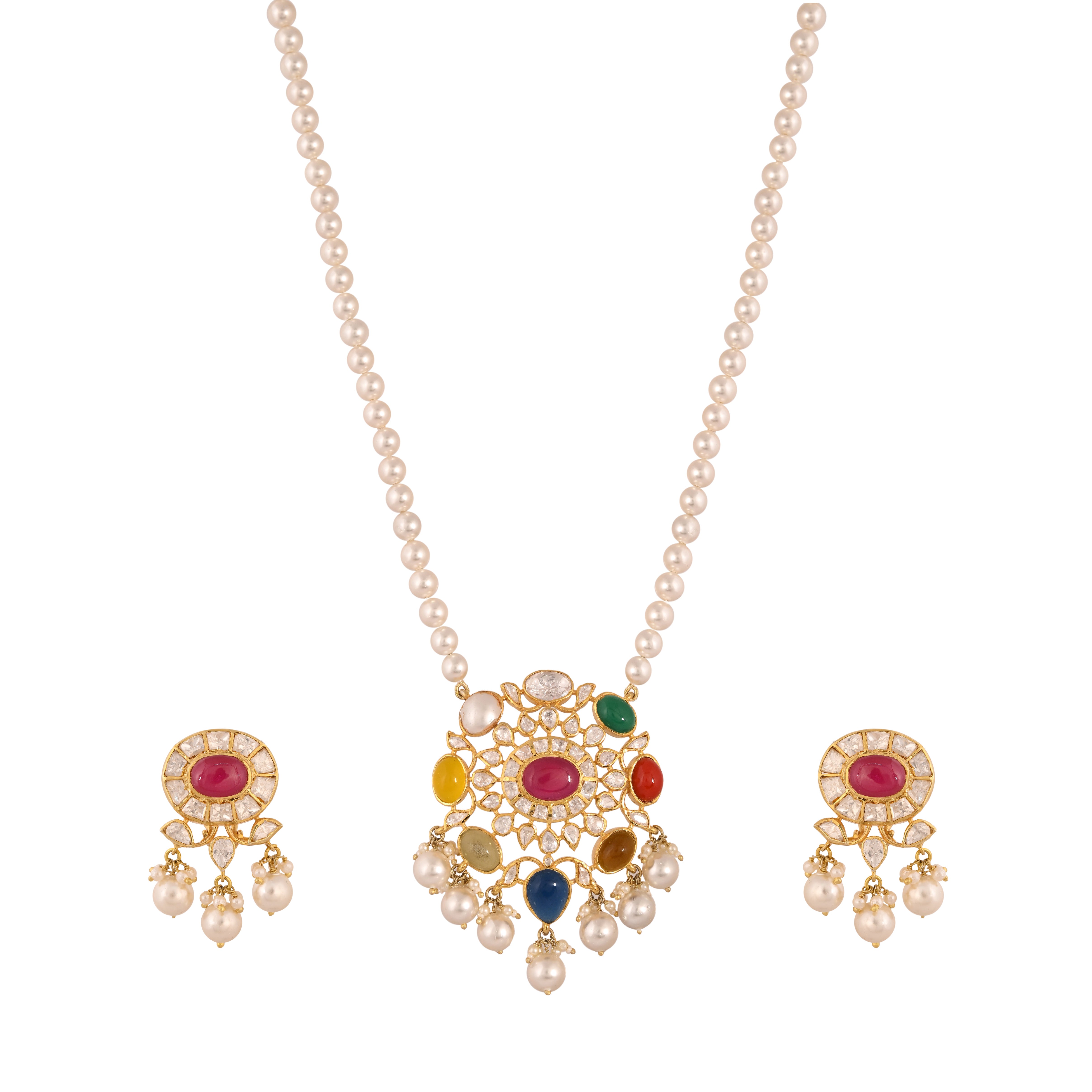 Navratna Polki Silver Necklace Set with Pearl Drops