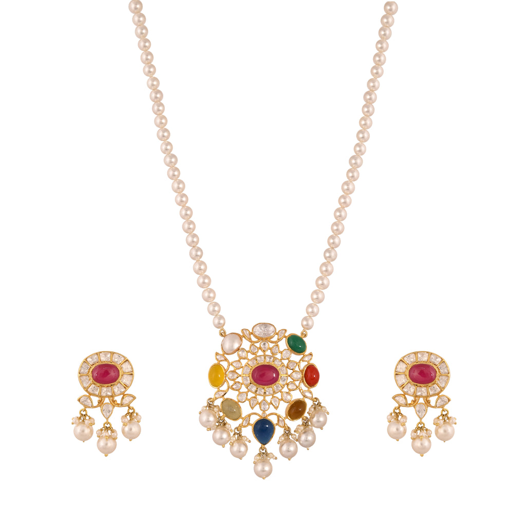 Navratna Polki Silver Necklace Set with Pearl Drops