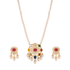 Navratna Polki Silver Necklace Set with Pearl Drops