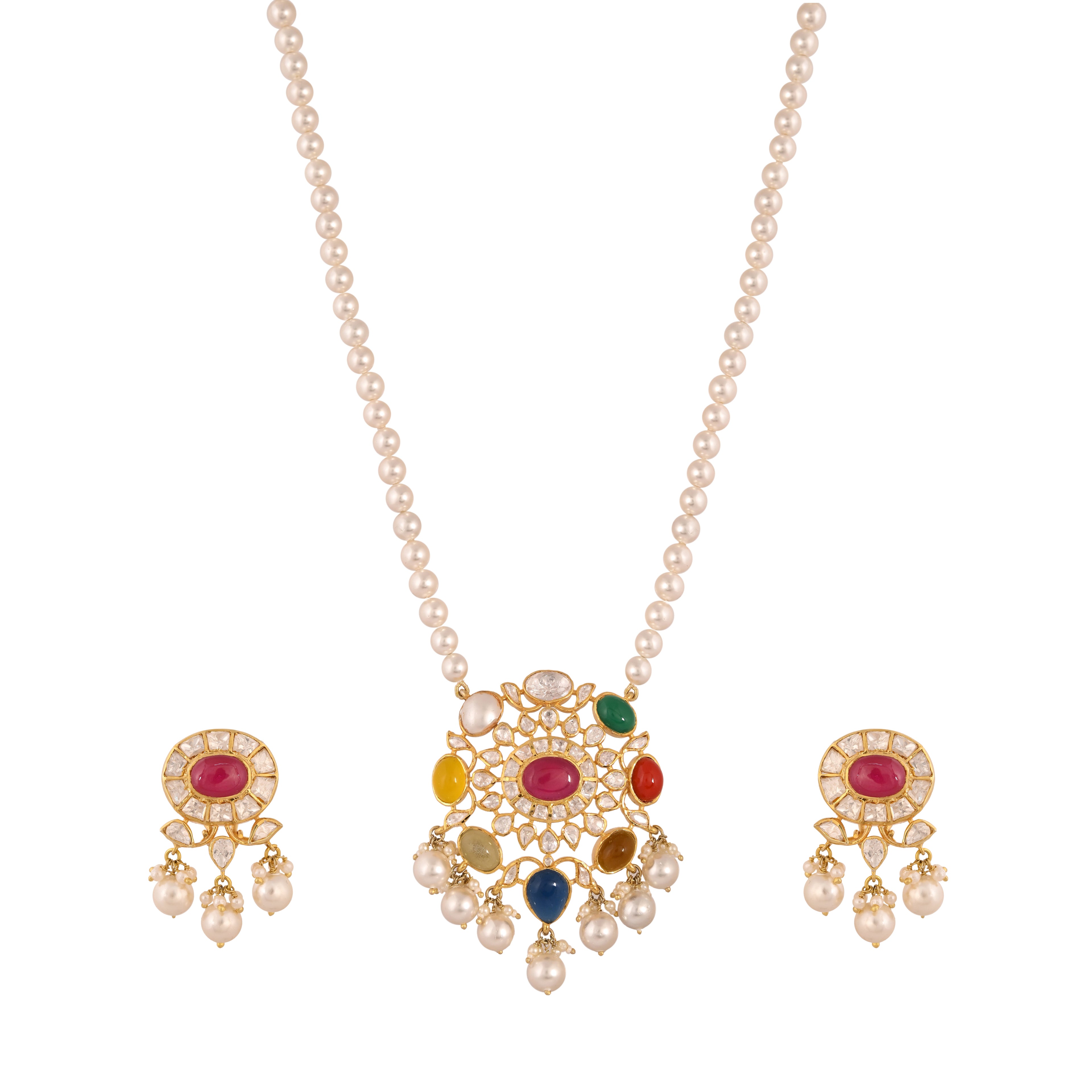 Navratna Polki Silver Necklace Set with Pearl Drops