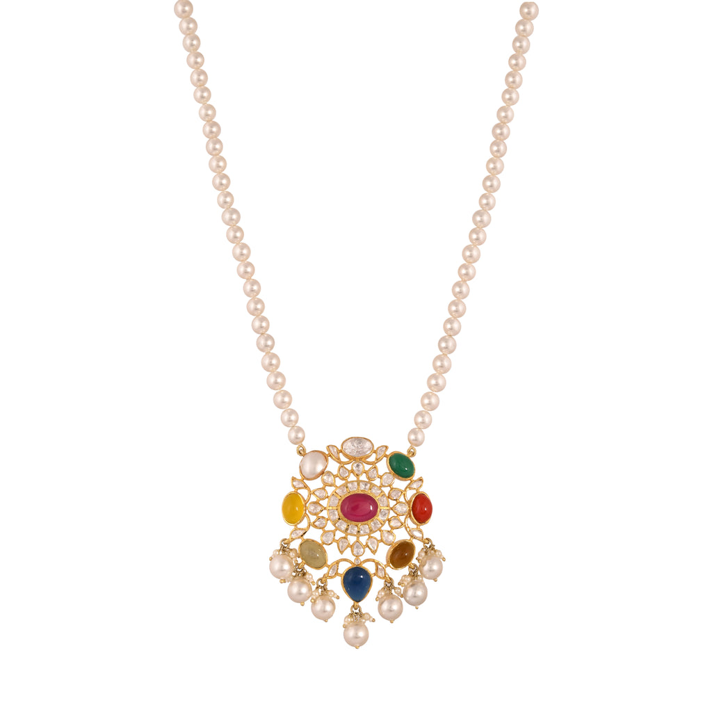 Navratna Polki Silver Necklace with Pearl Drops