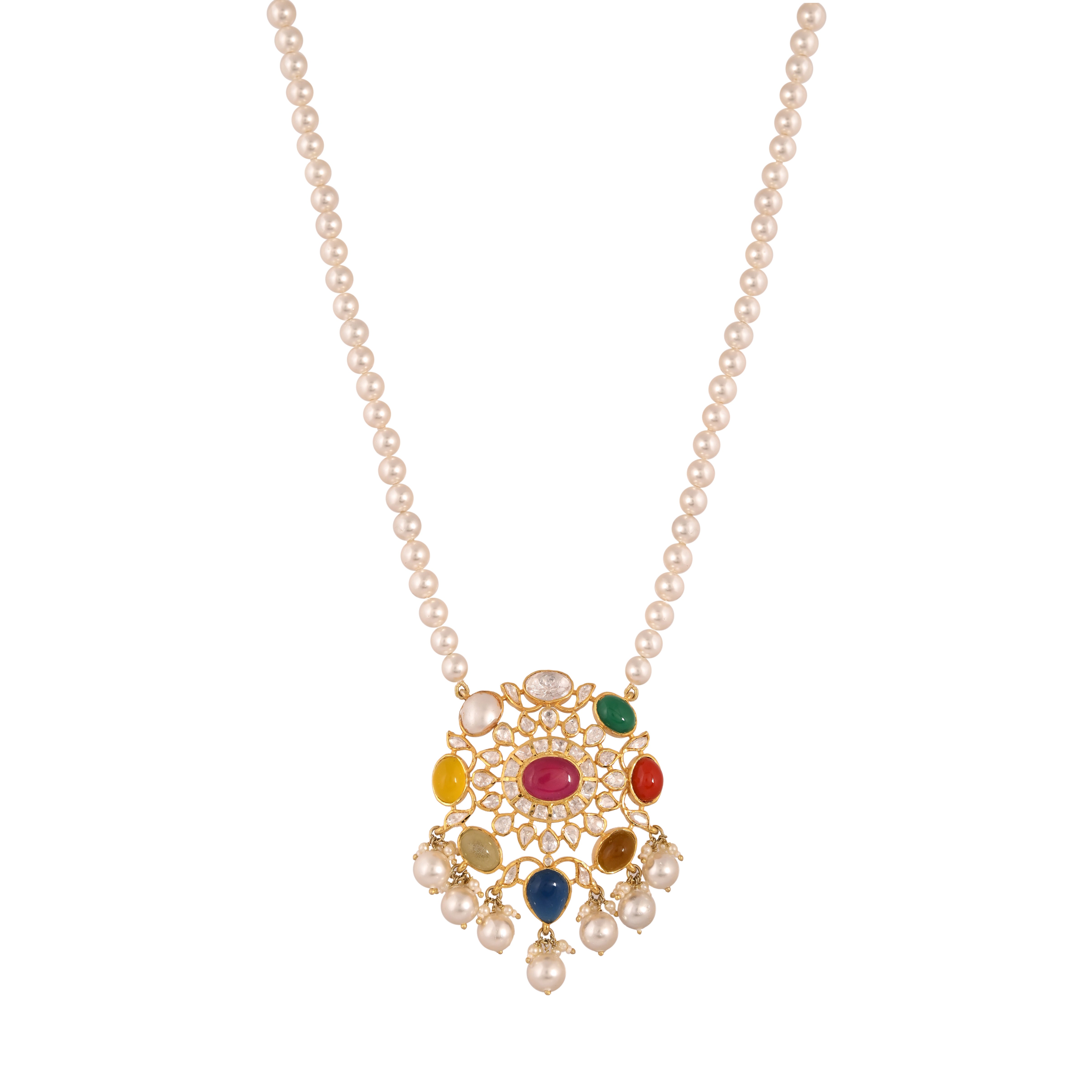 Navratna Polki Silver Necklace Set with Pearl Drops