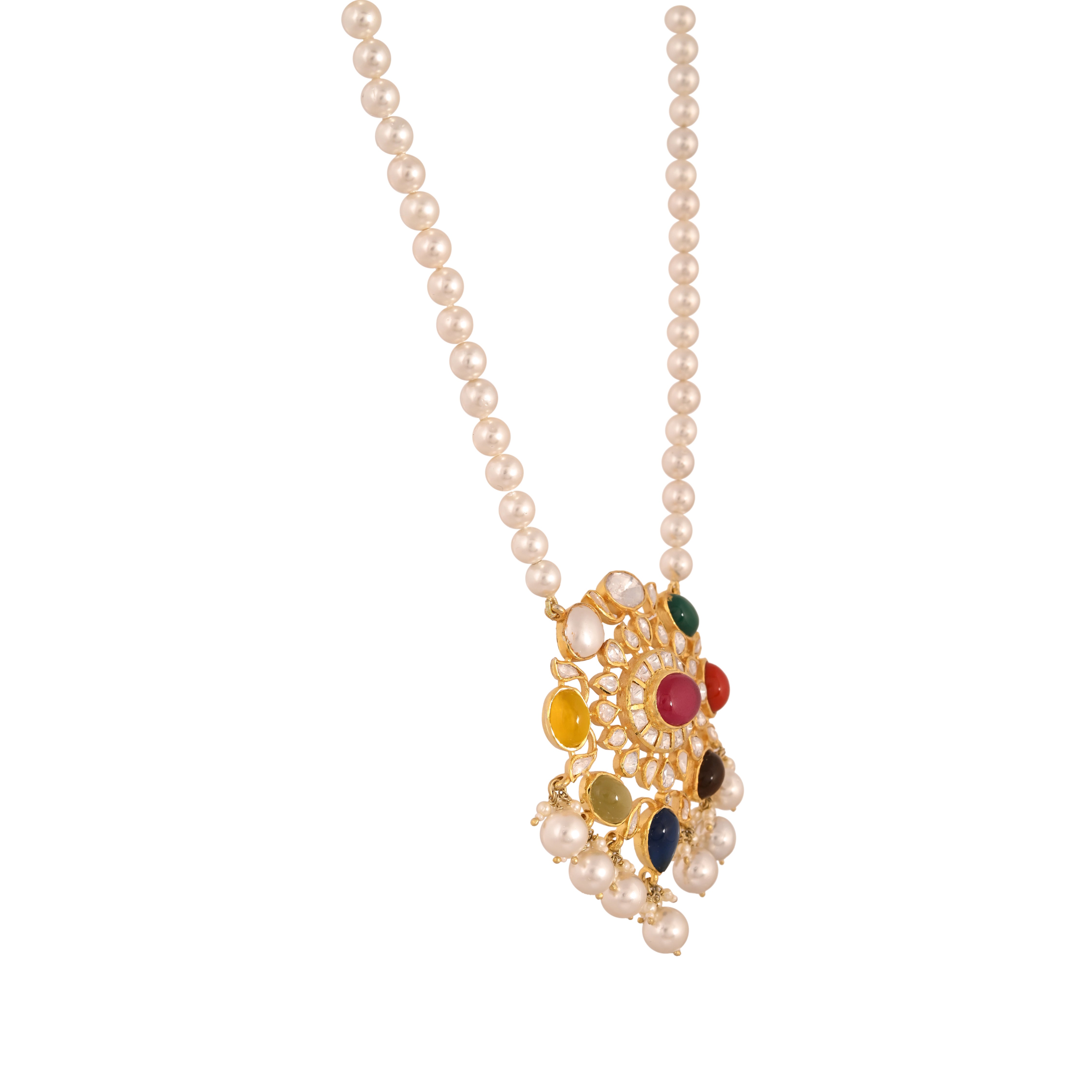 Navratna Polki Silver Necklace Set with Pearl Drops