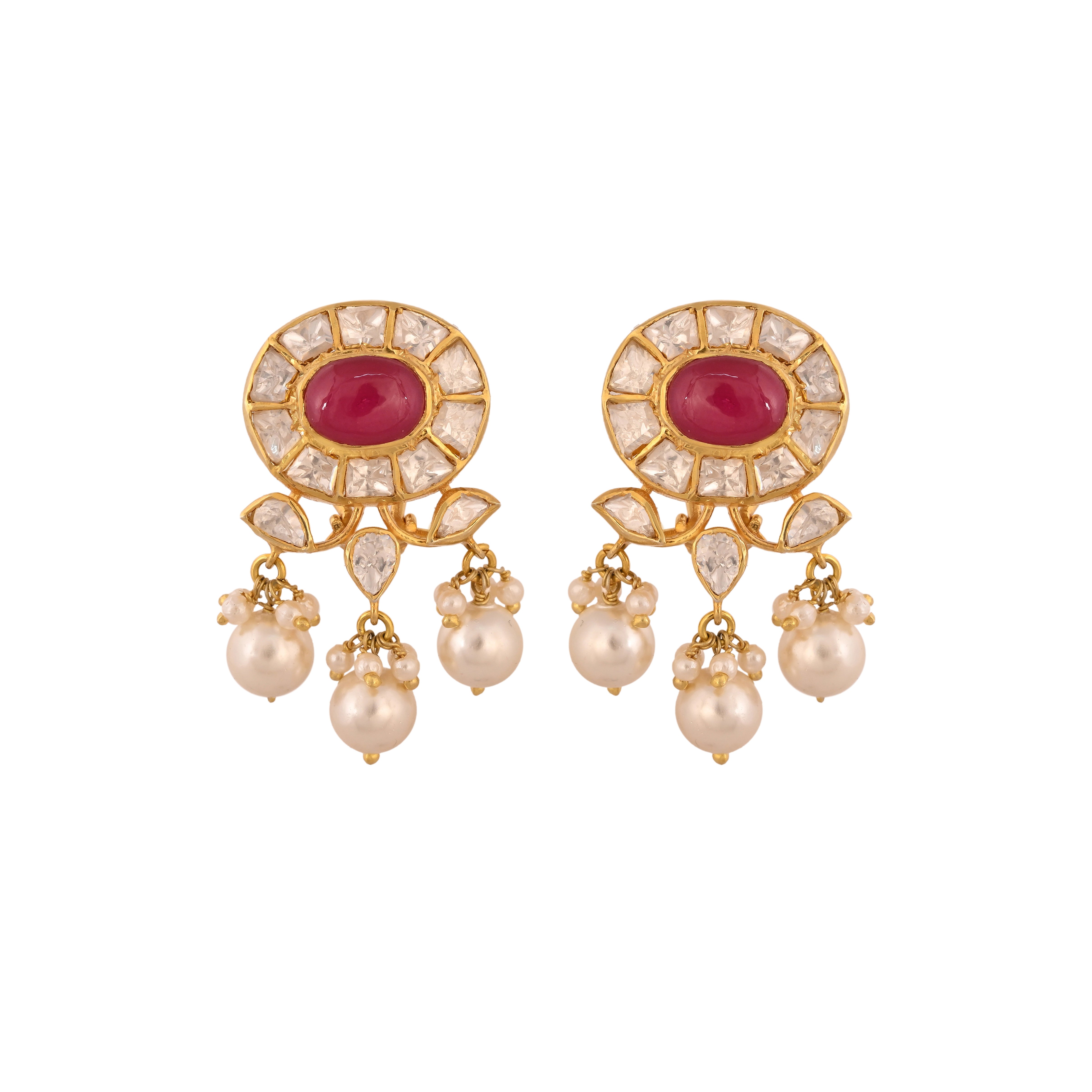 Polki & Ruby Oval Pearl Drop Silver Earrings