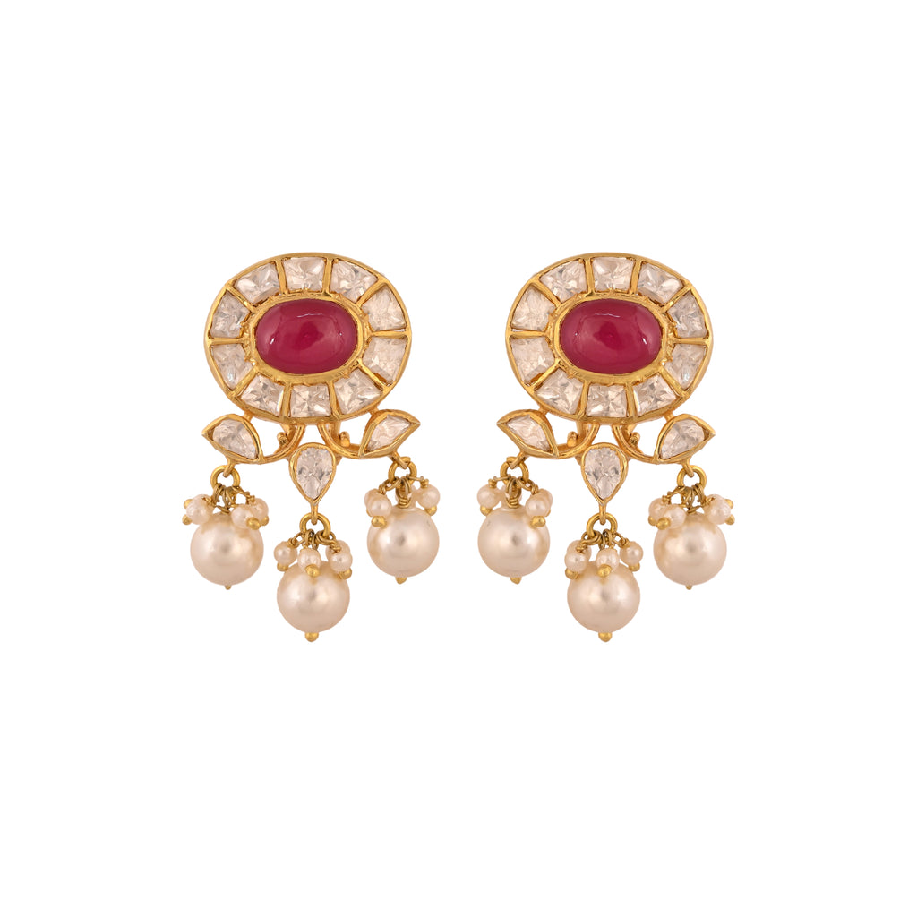 Polki & Ruby Oval Pearl Drop Silver Earrings