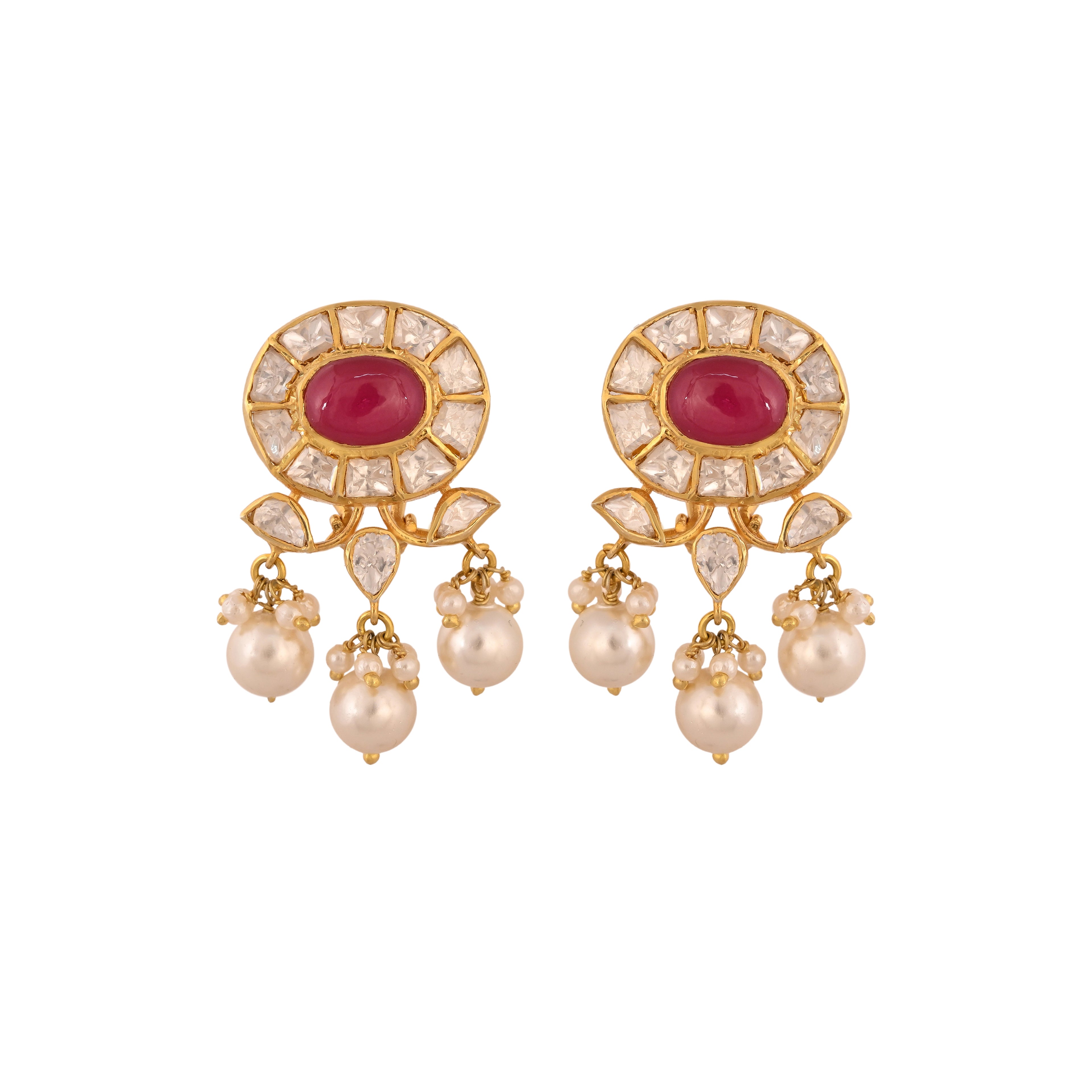 Polki & Ruby Oval Pearl Drop Silver Earrings