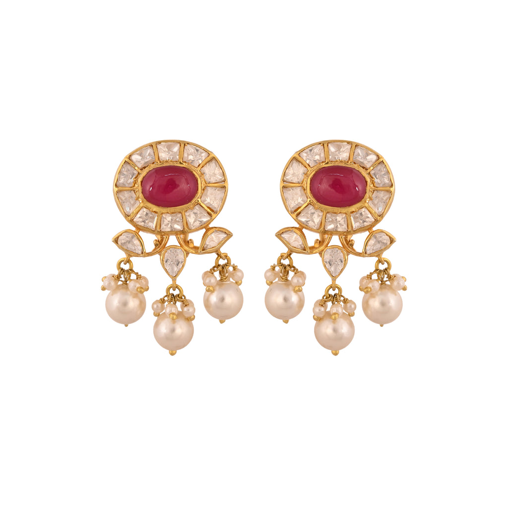 Navratna Polki Silver Necklace Set with Pearl Drops