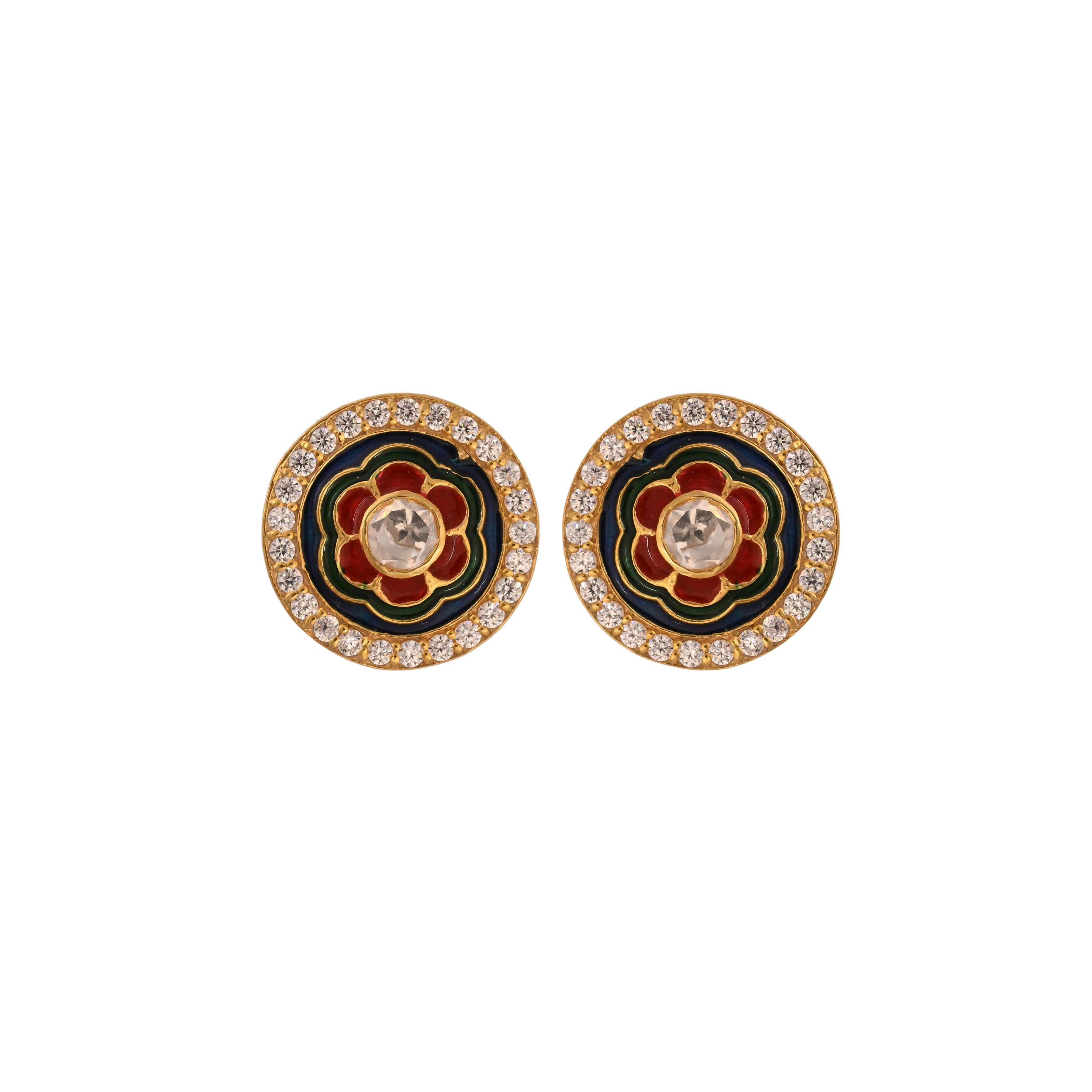 Floral Green & Red Meenakari Round Silver Earrings