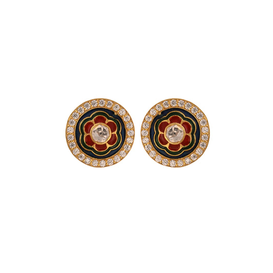 Floral Green & Red Meenakari Round Silver Earrings
