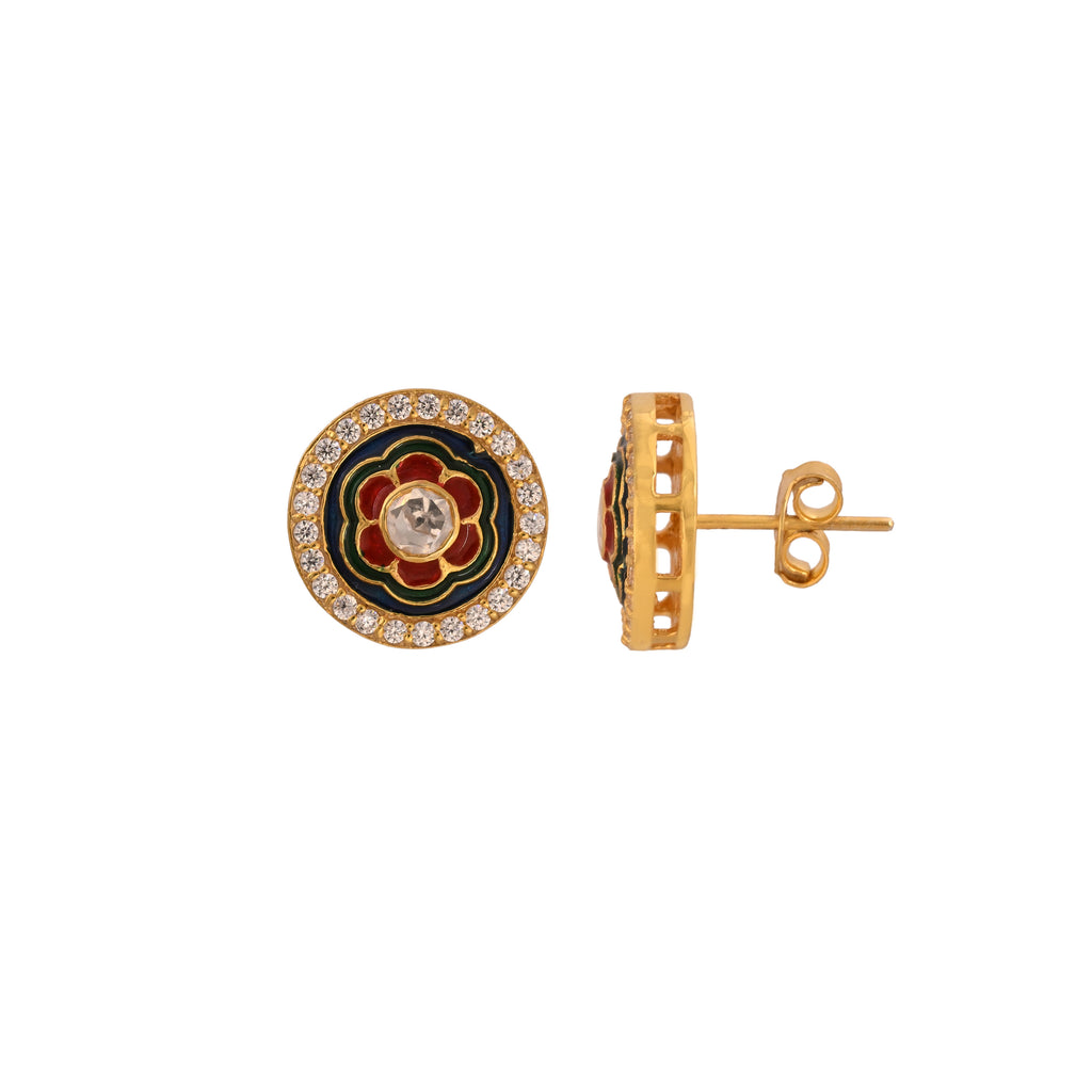 Floral Green & Red Meenakari Round Silver Earrings