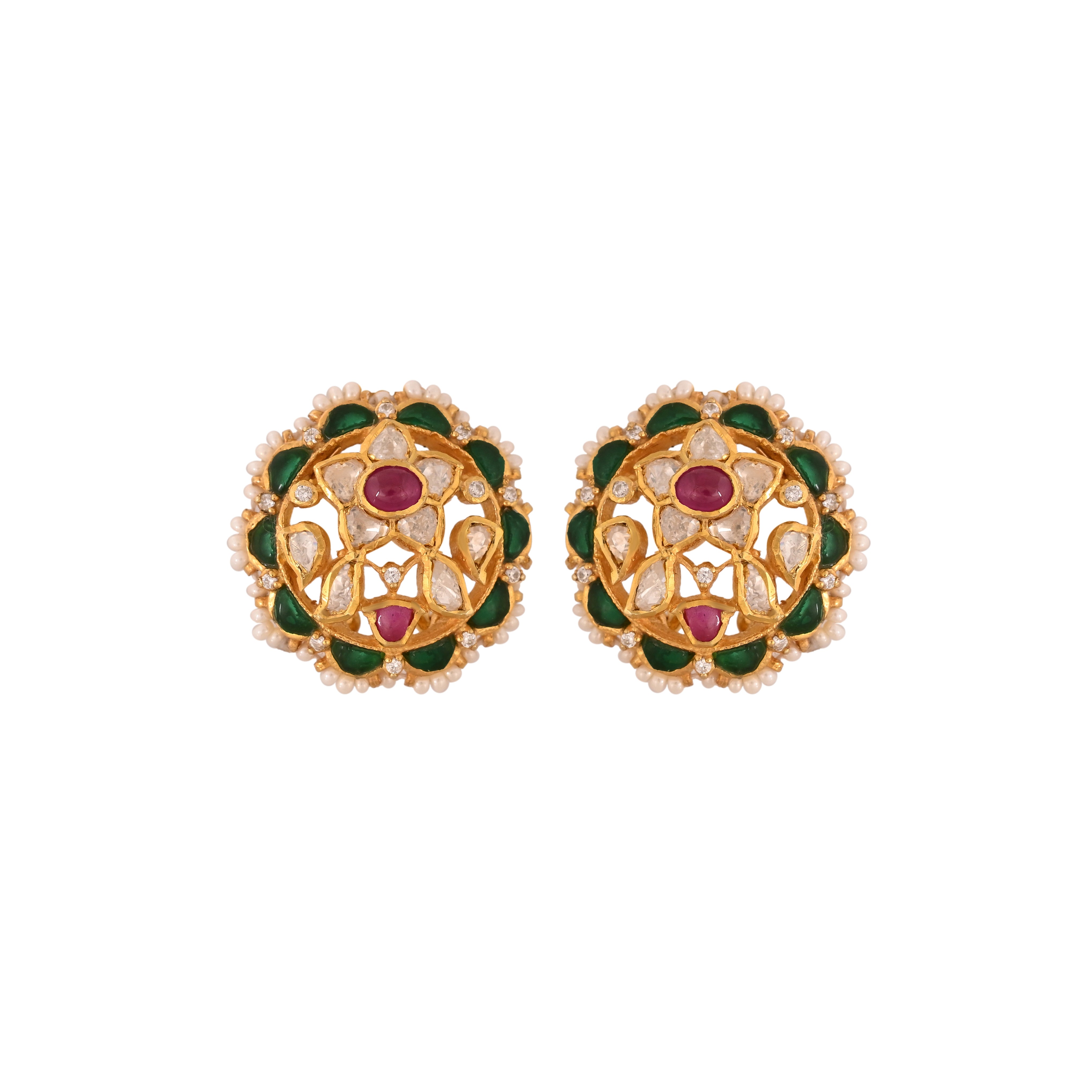 Floral Round Multi-Colour Silver Earrings