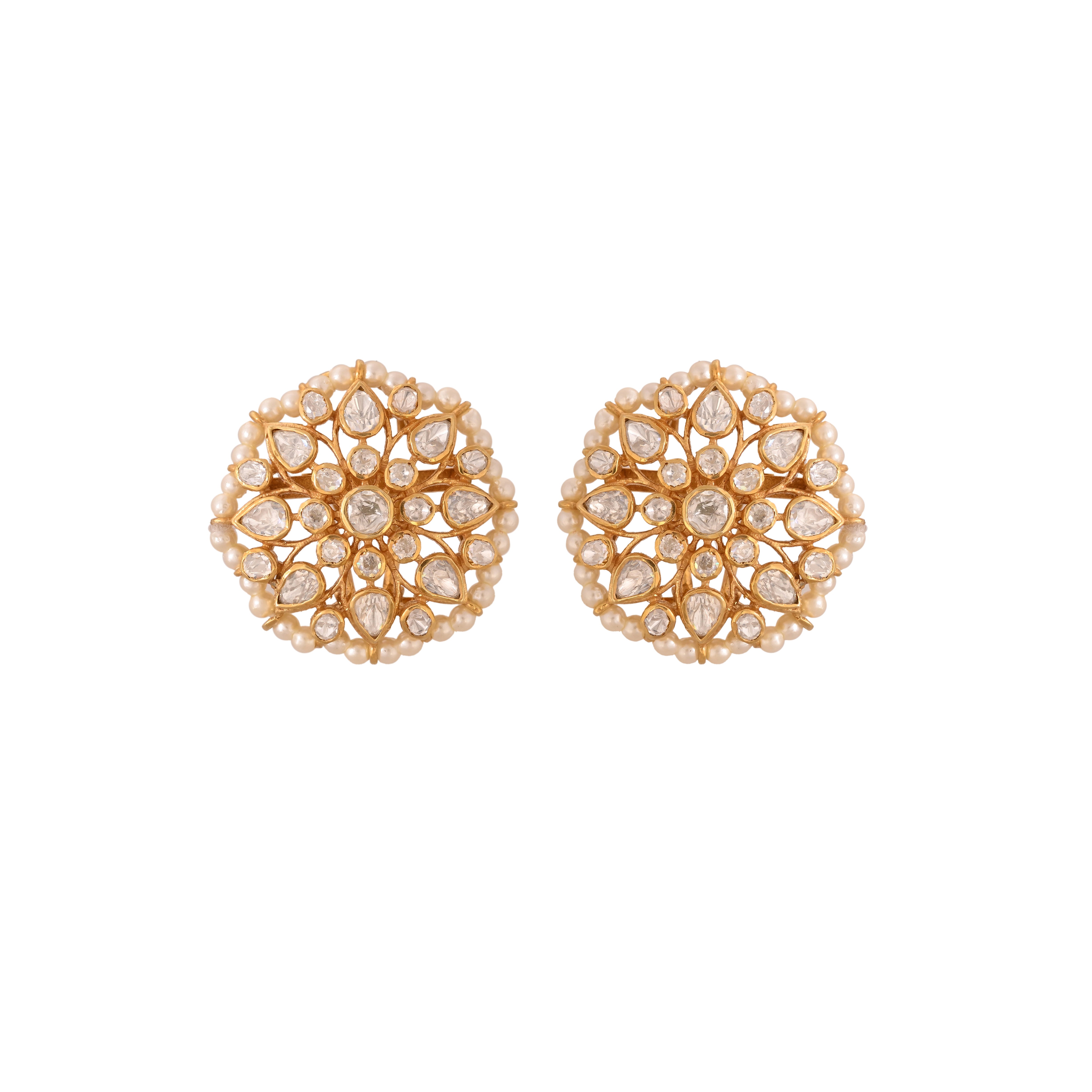 Noor Blossom Round Polki & Pearl Silver Earrings