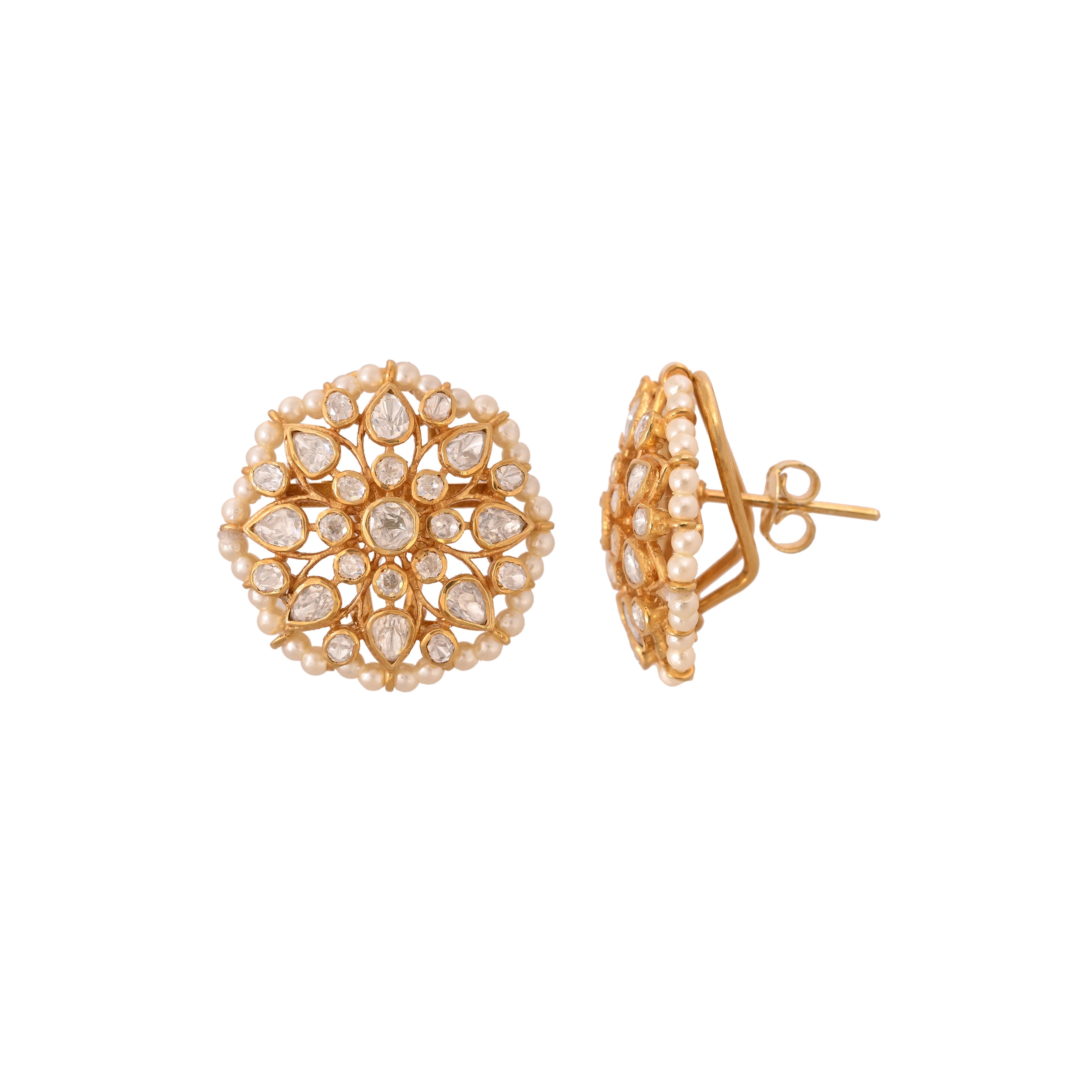 Noor Blossom Round Polki & Pearl Silver Earrings