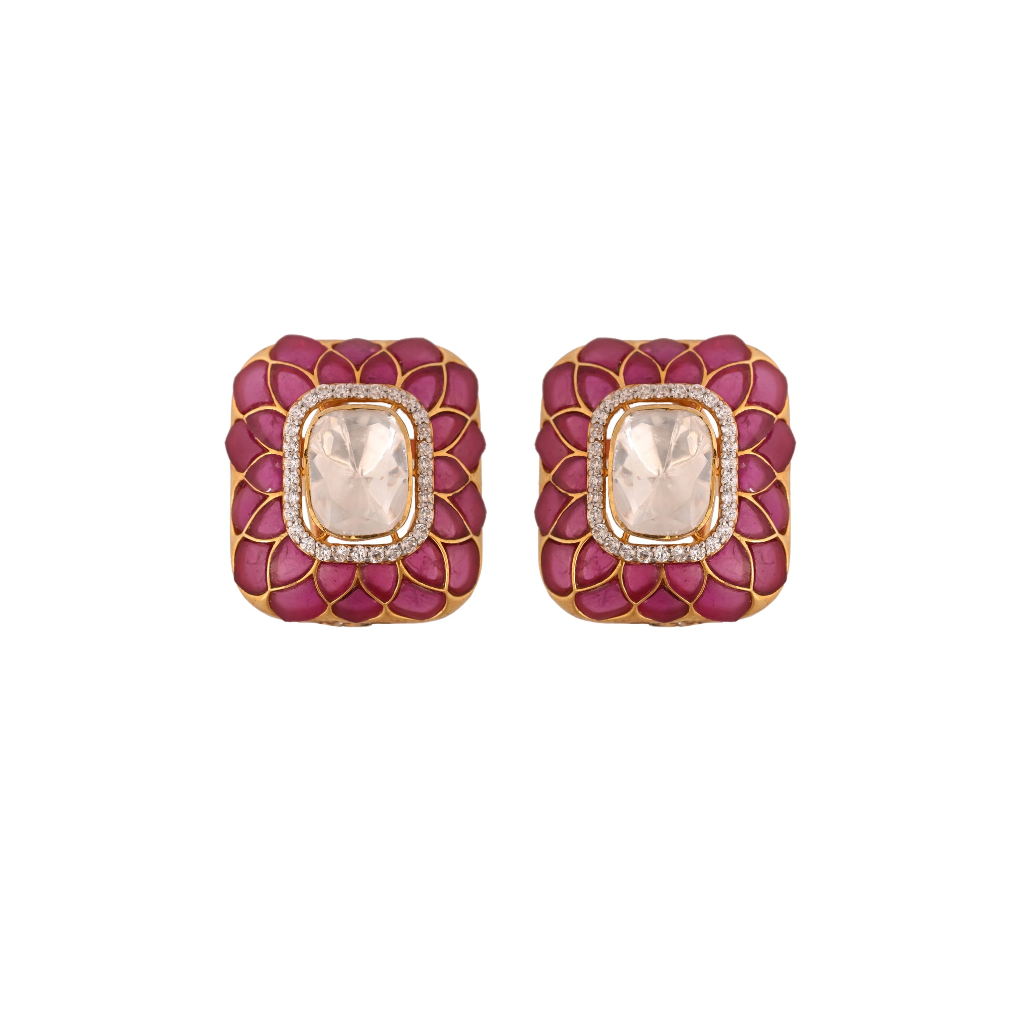 Gul Polki & Ruby Petal Silver Earrings