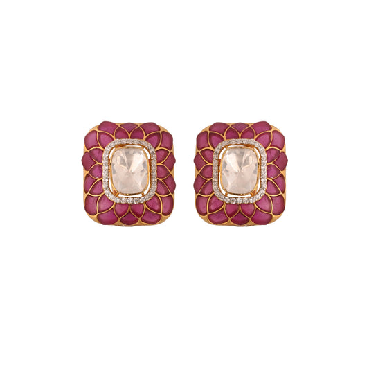 Gul Polki & Ruby Petal Silver Earrings