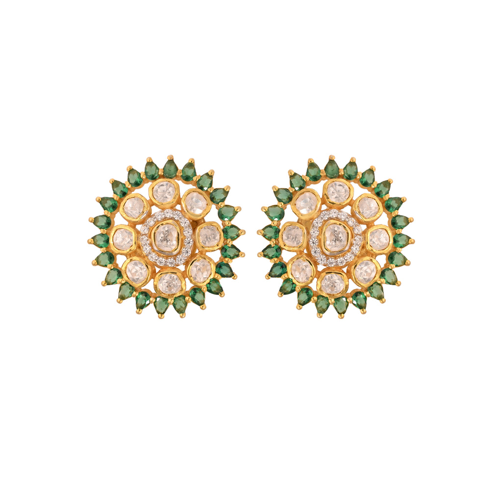 Floral Round Polki & Emerald Silver Earrings