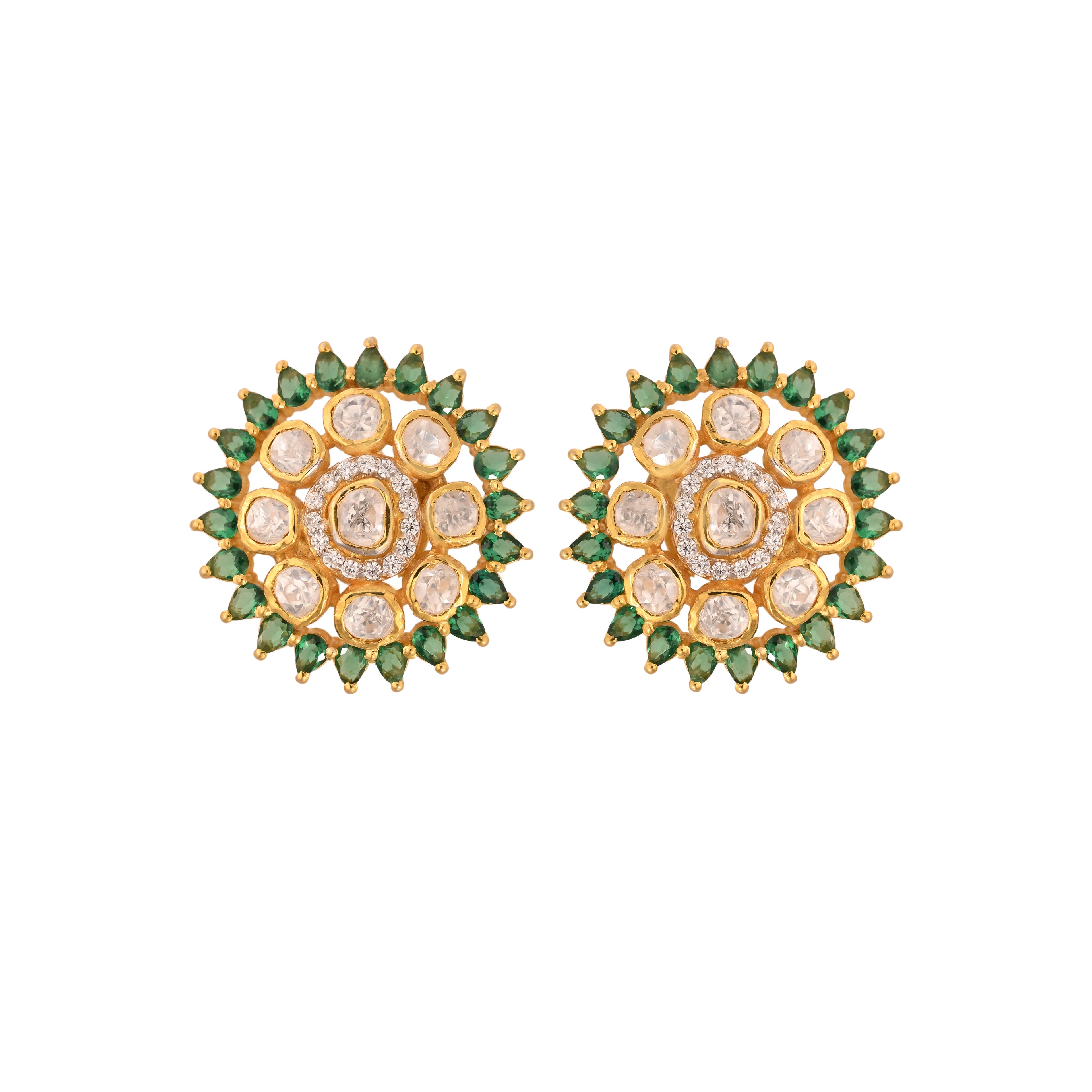 Floral Round Polki & Emerald Silver Earrings