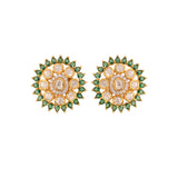 Floral Round Polki & Emerald Silver Earrings